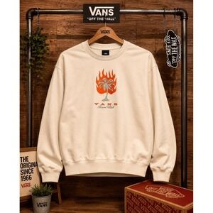 Vans Resort Club Crewneck Sweatshirt Wmn Small Palm Tree Flame Embroidered Beige